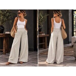 Splendid Iris Linen Pants M Made in Italy Ruched Pocket Elastic Waist Natural